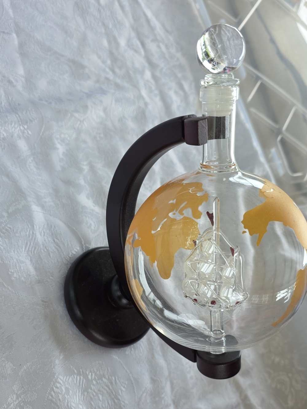 Bezrat Glass Globe Decanter with Ship Interior and Gold Map Detail